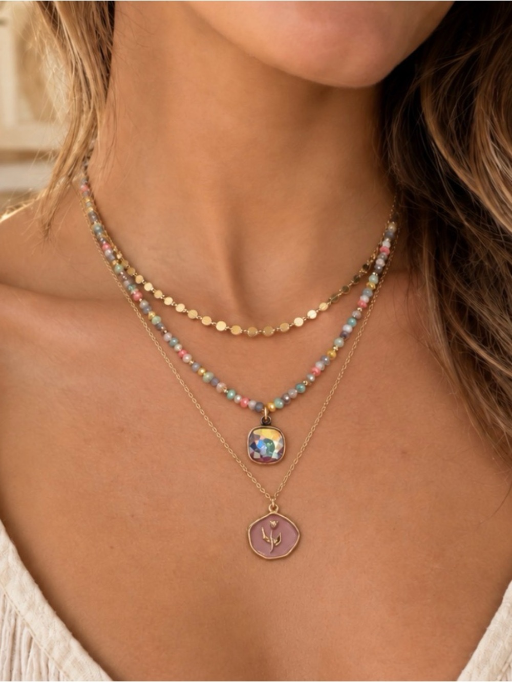Pink panache Gold Multi-Strand Pendant Necklace with Pastel Beads